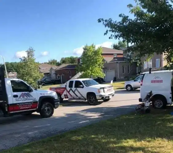 Peaks & Valleys Roofing service trucks providing eavestrough installation and repair in Springwater, Ontario Peaks & Valleys Roofing service trucks providing eavestrough installation and repair in Springwater, Ontario
