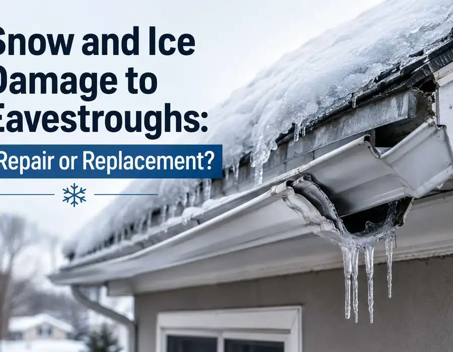 Snow and ice damage to eavestroughs in Barrie — repair or replace decision guide Snow and ice damage to eavestroughs in Barrie — repair or replace decision guide